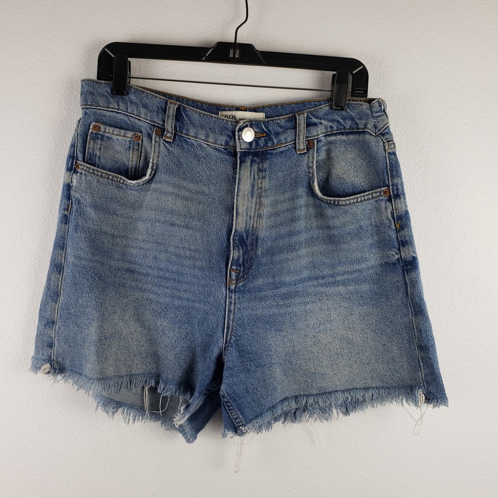 Zara Women's 8 High Rise 90's Bermuda Jean Shorts Classic Distressed Frayed Hem